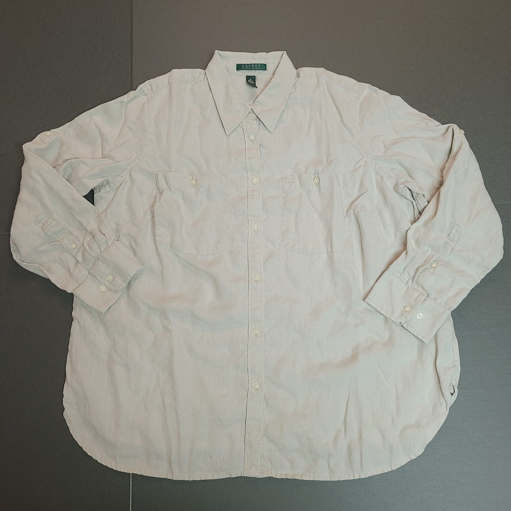 Lauren Ralph Lauren Size 1X Beige 100% Linen Button Up Roll Tab Sleeve Shirt